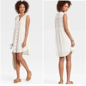 Knox Rose Boho Sleeveless Lined Button-Down Shirt Dress White Medium